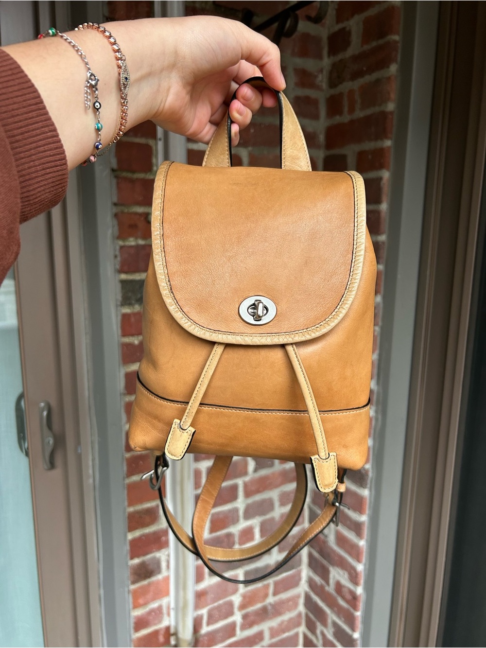 Vintage coach daypack 9960 tan burnished leather backpack yellow orange fall y2k - Picture 2 of 14